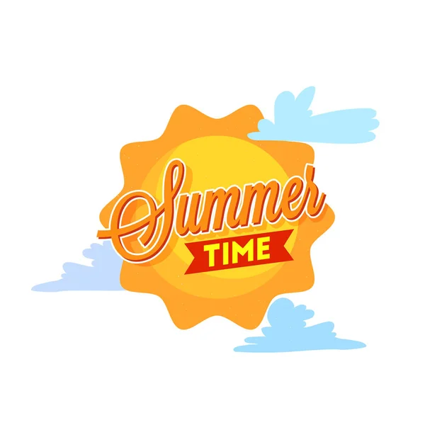Design de pôster ou banner de horário de verão com sol e nuvens no Whit — Vetor de Stock