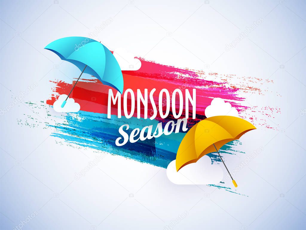 Monsoon season concept with colorful umbrellas on colorful splas
