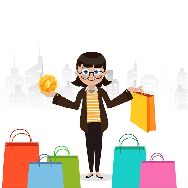 Menina com moeda etéreo e saco de compras em sua mão, conceito para fazer compras com criptomoedas . —  Vetores de Stock