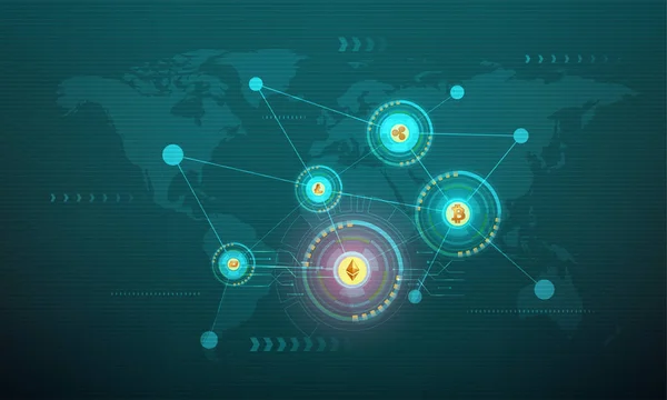 Crypto monedas conectadas entre sí en el fondo del mapa del mundo . — Vector de stock