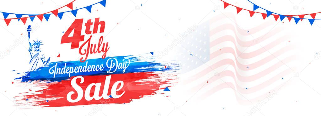 4th of July, web sale banner design, Statue of Liberty, and waving flag.