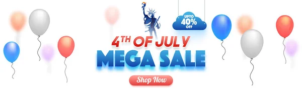 4 de julio, diseño de banner web Mega Sale con globos, Estatua de la Libertad y 40% de descuento . — Archivo Imágenes Vectoriales