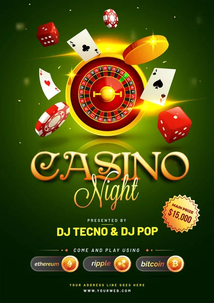 Goldene Text Casino-Nacht mit 3D-Chip, Münzen, Ass-Karten und Roulette auf funkengrünem Hintergrund. — Stockvektor