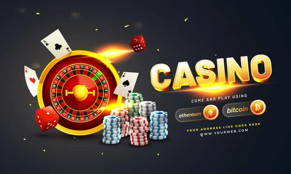 Goldener Text Casino mit 3D-Chip, Münzen, Ass-Karten und Roulette auf funkelndem grauen Hintergrund. — Stockvektor