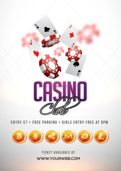 Text Casino Club med 3d-chip, ace kort. Flyer, affisch eller en banderoll design. — Stock vektor