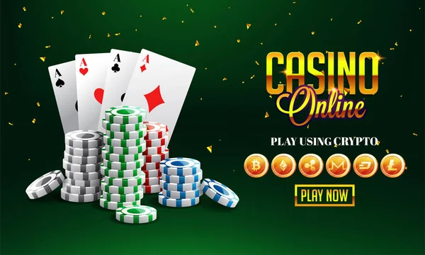 黄金テキスト カジノ オンライン 3 d チップ、緑輝くでエースのカード背景. — ストックベクタ
