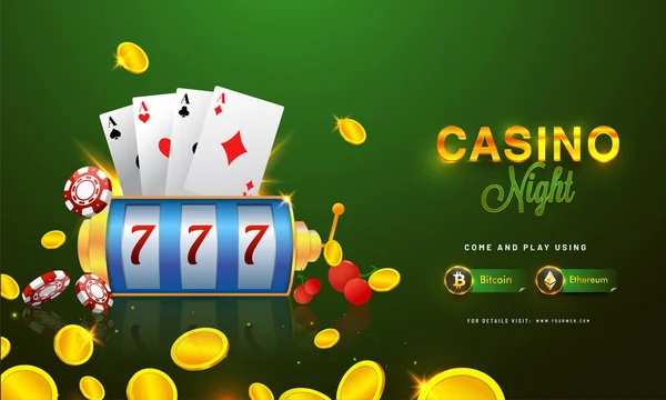 Golden text Casino Notte con chip 3D, monete, carte asso . — Vettoriale Stock