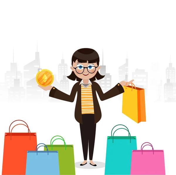 Chica joven con moneda etéreo y bolsa de compras en la mano . — Vector de stock