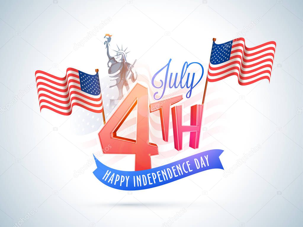 4th of July, American Independence Day celebration concept with waving flags, Statue of Liberty.
