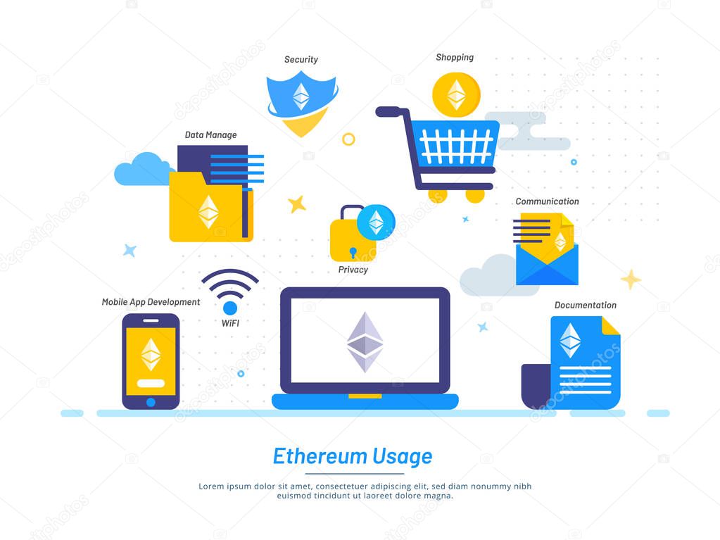 Multiple usages of crypto currency Ethereum, flat design style.