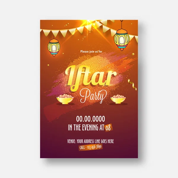 Iftar partij feest, uitnodiging kaart ontwerp met stijlvolle gouden tekst. — Stockvector