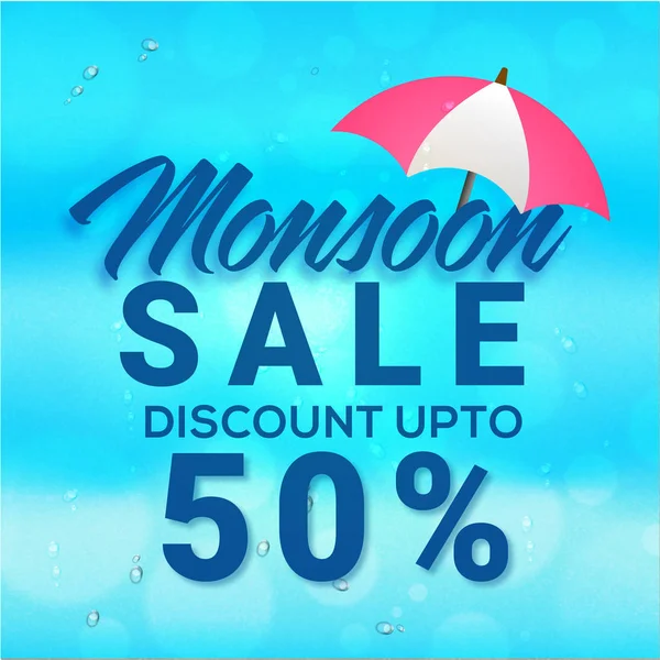 Monsoon Sale concept with umbrella and discount upto 50% off offer. — Stock Vector