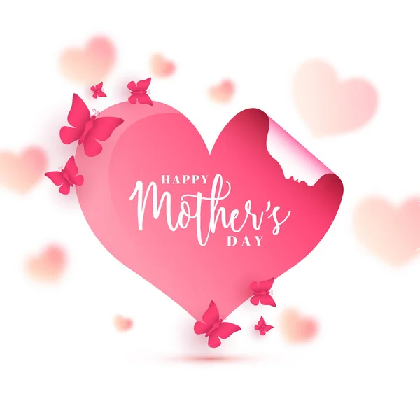 Hart vorm papier met het gezicht van een vrouw, vlinders en tekst Happy Mothers Day. — Stockvector
