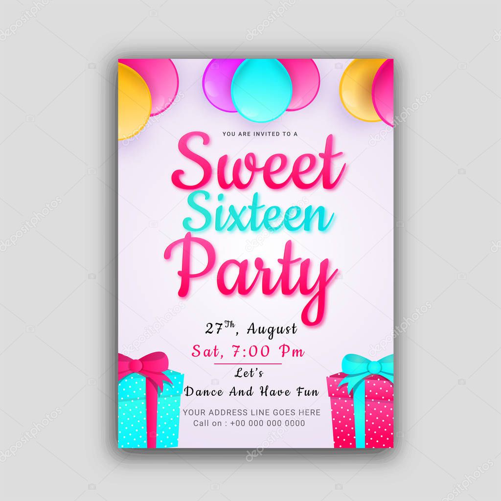 Invitation card design for Sweet 16 party celebration.