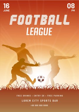 Futbol Ligi, poster, afiş veya el ilanı tasarımı ile eylem oynarken futbol oyuncuları.