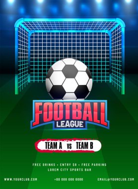 Futbol topu ve kale direği Futbol Ligi, poster, afiş veya el ilanı tasarımı. 