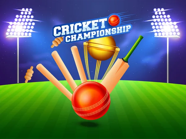 Stäng Cricket Wickets Bat Boll Och Vinnande Trophy Natt Stadium — Stock vektor
