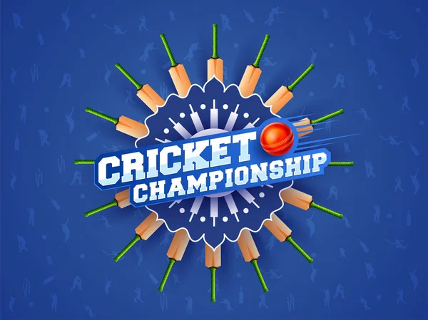 Cricket Championship Text Blue Abstract Background Multiple Bats Ball — Stock Vector