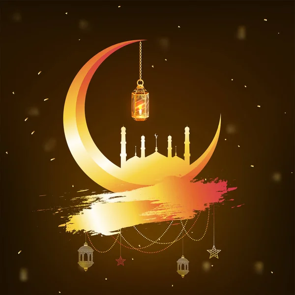 Luna Dorada Creciente Mezquita Linterna Iluminada Colgante Sobre Fondo Marrón — Vector de stock