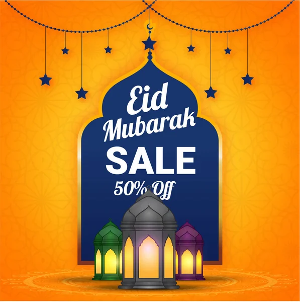 Concepto Venta Eid Mubarak Con Linternas Iluminadas Estrellas Colgantes Sobre — Vector de stock