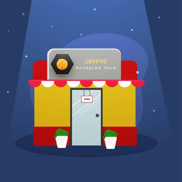 Crypto Accepté Ici Bannière Sur Une Boutique Sur Fond Bleu — Image vectorielle