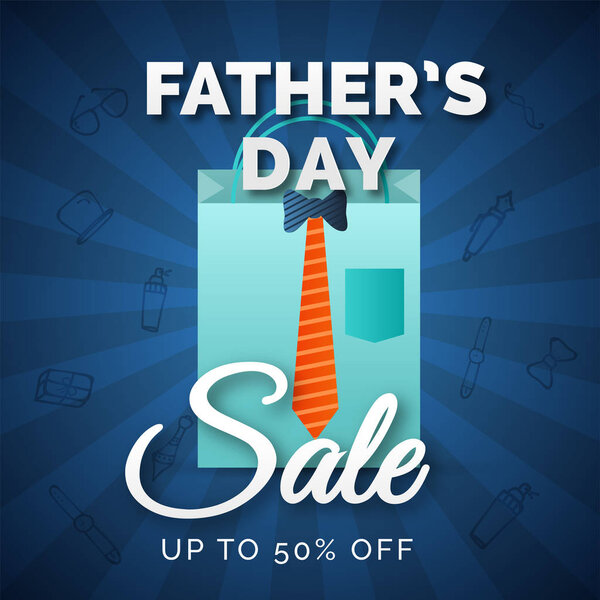 Father's Day text with shopping bag and Sale upto 50% cashback offer on blue  rays background.