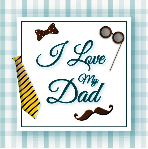 Love Dad Bow Necktie Mustache Fancy Glasses Tartan Pattern Background — Stock Vector