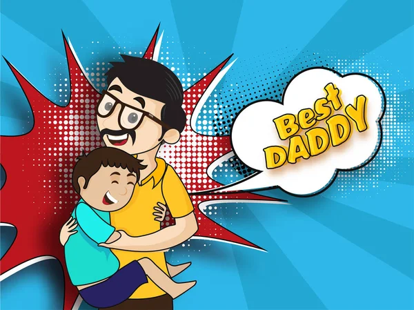 Feliz Filho Abraçando Seu Pai Melhor Papai Texto Sobre Azul — Vetor de Stock