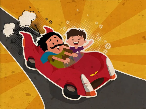 Glückliche Vatertagsfeier Mit Vater Und Sohn Genießen Autofahrt Auf Oldtimer — Stockvektor