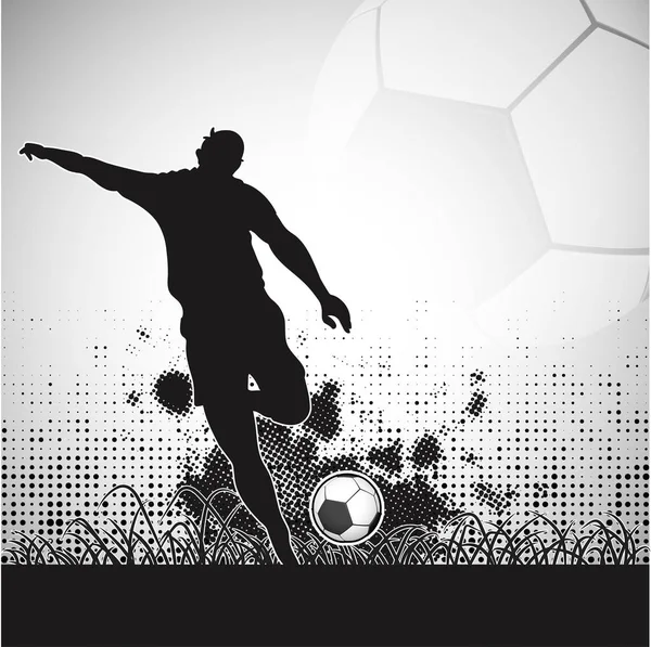 Silhouette Football Players Time Kicking Ball Halftone Background — Stock Vector