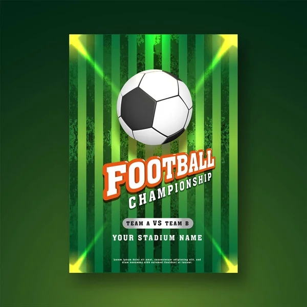 Calcio Disegno Volantino Campionato Con Pallone Calcio Sfondo Stadio Verde — Vettoriale Stock