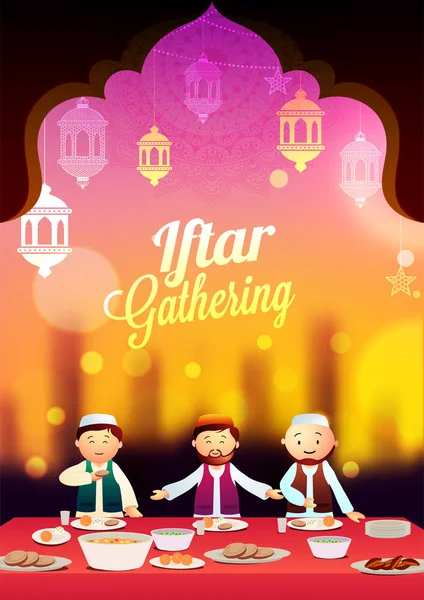 夜背景の饗宴を楽しんでいるイスラム教徒の男性とイフタール パーティー コンセプト — ストックベクタ