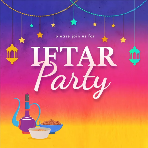 Стильный Текст Iftar Party Висит Подсвеченные Фонари Звезды Время Мероприятия — стоковый вектор