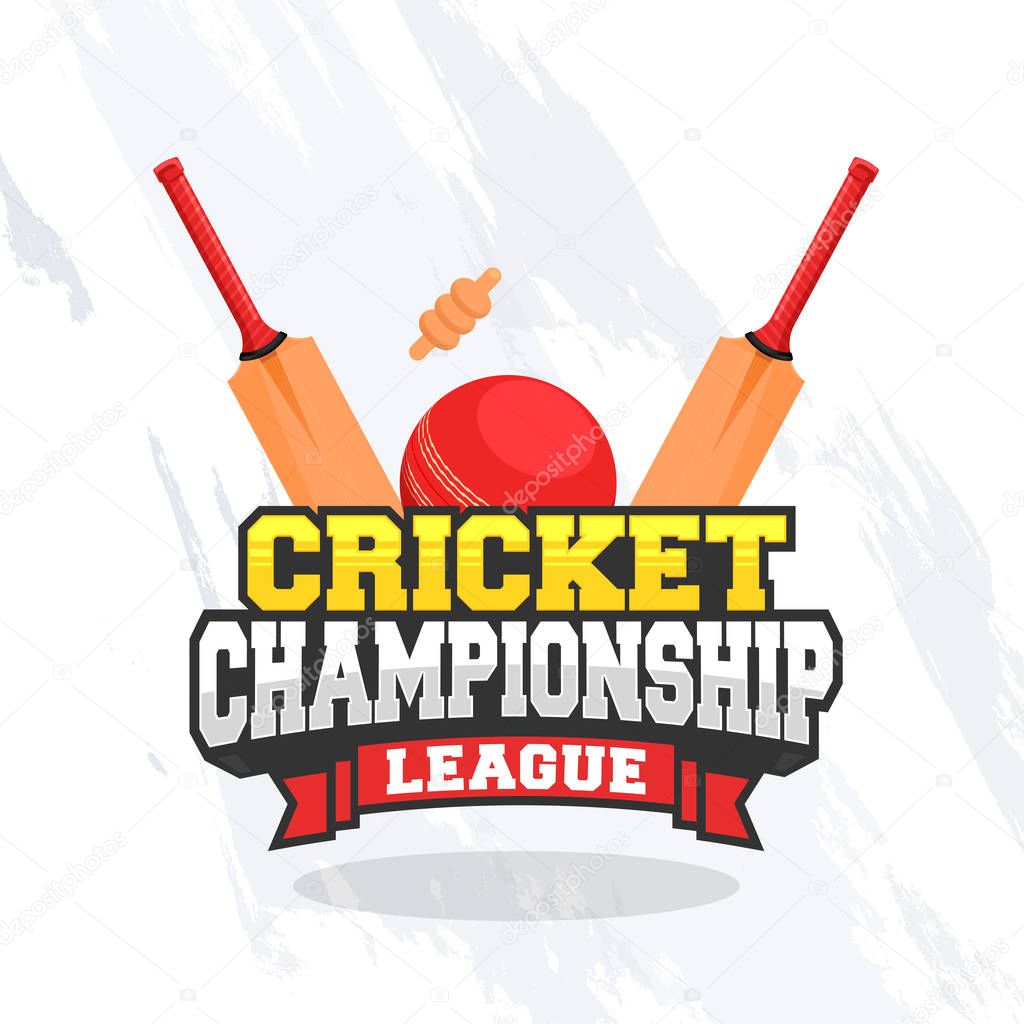 Cricket championship concept with Bat, Ball and Wicket on grungy white background.