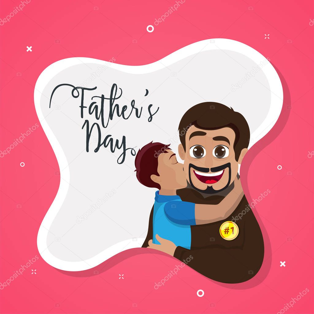 Little son kissing his father, Father's Day text on pink background.