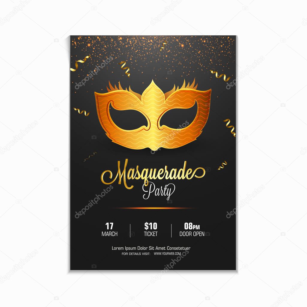 Golden Carnival Mask, Masquerade, Mardi Gras. Carnival glittering lettering design, Night Party Poster, Dance Party Flyer, Musical Party Banner, Carnival Invitation.