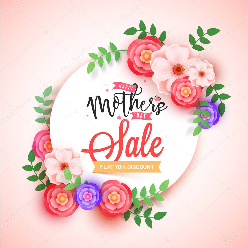 Mother's Day sale banner design with beautiful flowers and upto 70% off offers. 