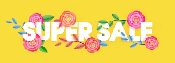 Stilvoller Text Super Verkauf Mit Schönen Blumen Auf Gelbem Hintergrund — Stockvektor