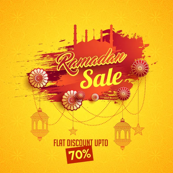 Ramadan Försäljning Koncept Med Hängande Lyktor Blommönster Och Moskén Gul — Stock vektor