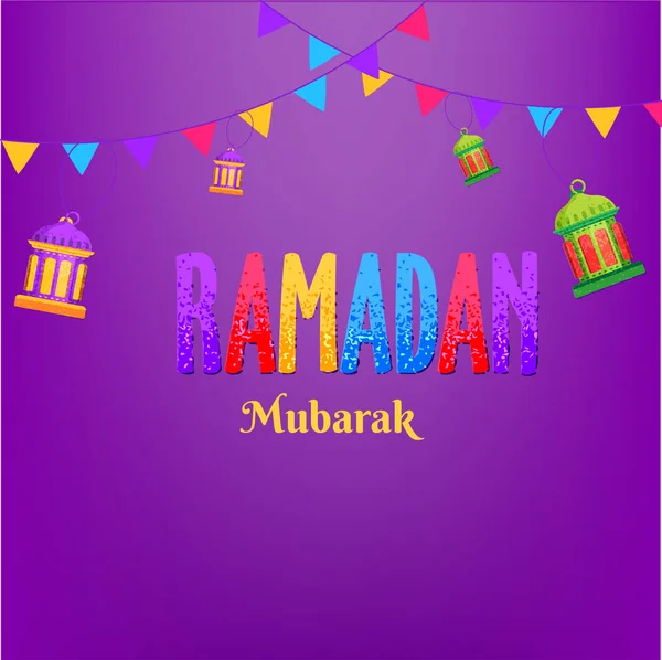 Colorful Text Ramadan Mubarak Hanging Lanterns Bunting Flags Purple Background — Stock Vector