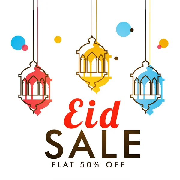 Eid Πώληση Σχεδιασμός Banner Αναρτημένα Πολύχρωμα Φανάρια Και Επίπεδη Προσφορές — Διανυσματικό Αρχείο