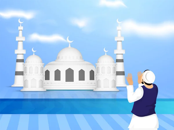 Illustration Moské Med Muslimsk Man Ber Erbjudande Namaz Blå Grumlig — Stock vektor