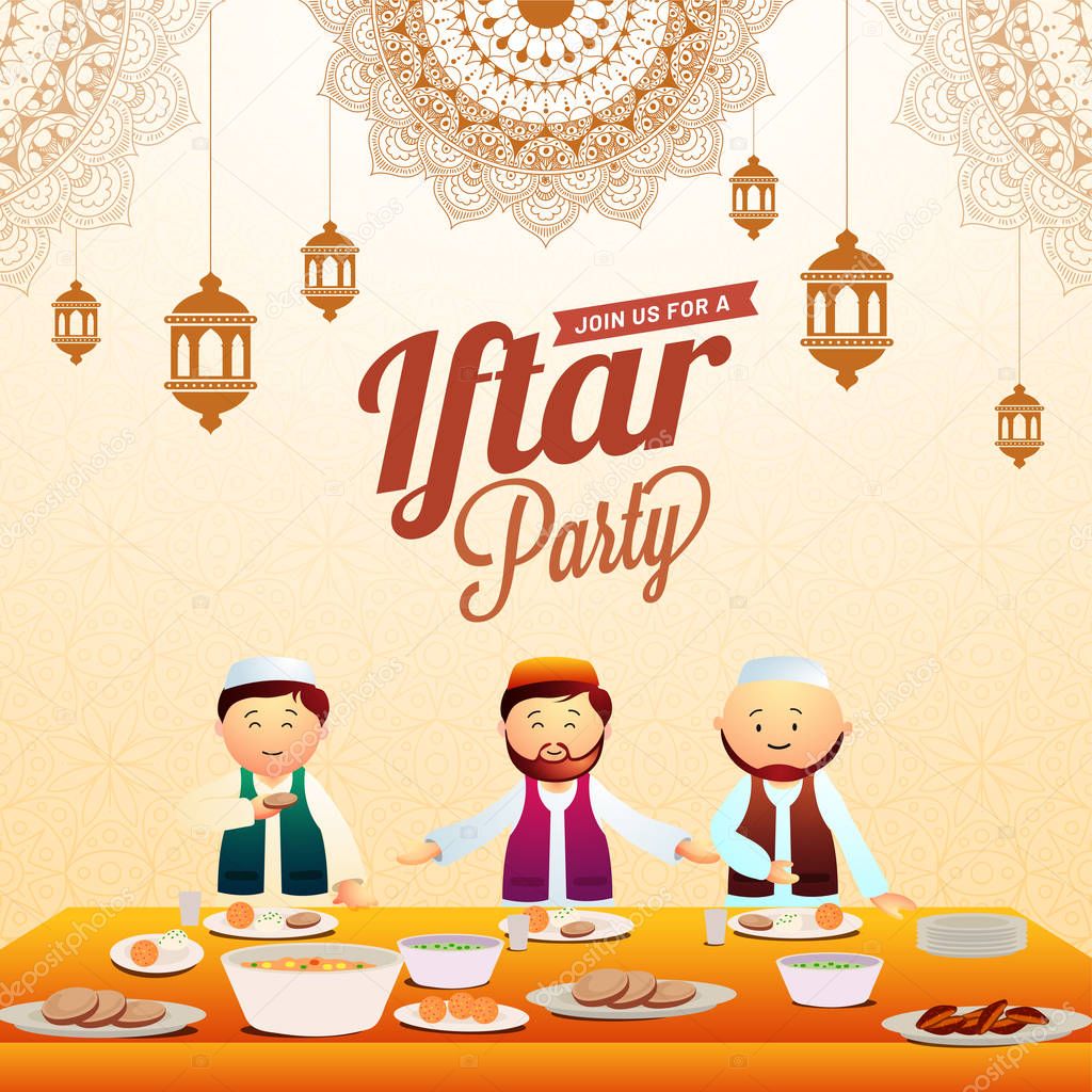Iftar party invitation card desig with hanging lanterns, mandala floral pattersn, and muslim men enjoying iftar feast. 