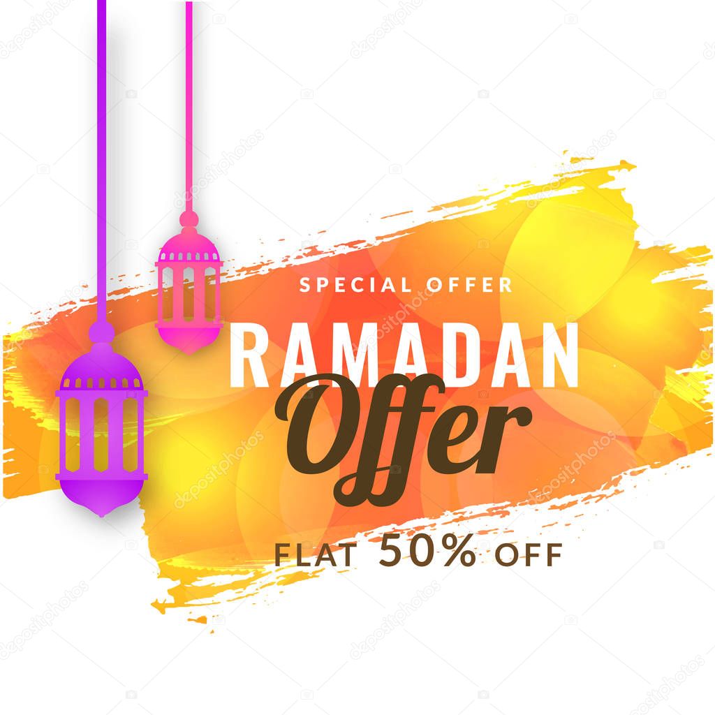 Ramadan sale offer banner or poster design with hanging lanterns and stylish text on yellow stroke background.