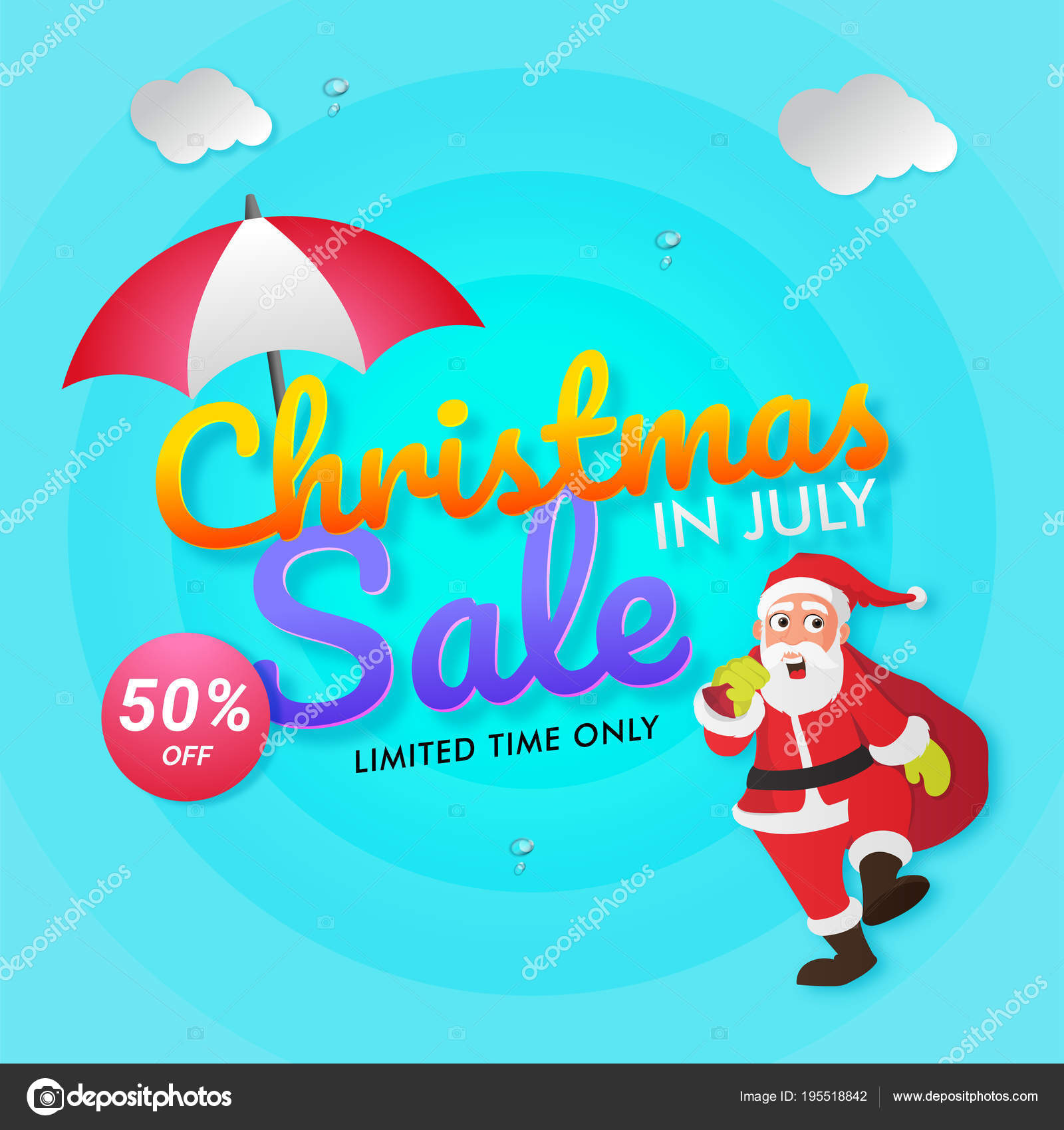 Christmas in July Sale, poster, banner or flyer design with Santa Claus