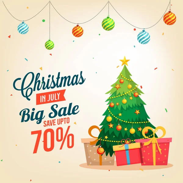 Kerstmis verkoop in juli, poster of sjabloon voor spandoek, met kerstboom en geschenkverpakkingen. — Stockvector