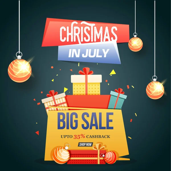 Jul i juli, Big Sale, affisch, banner eller flyer design med hängande julgranskulor och presentaskar. — Stock vektor