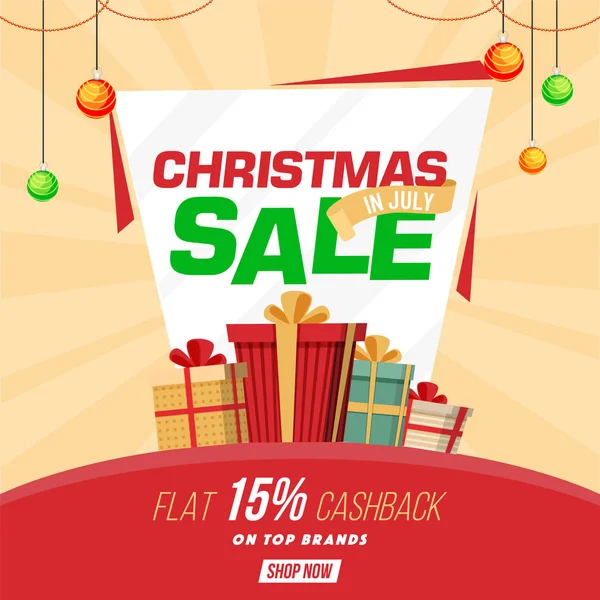 Weihnachtsverkauf, Bannerdesign mit Geschenkschachteln und hängenden Weihnachtskugeln. — Stockvektor