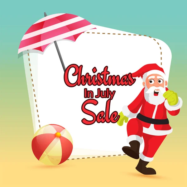 Kerstmis in juli de ontwerp van de Banner van de verkoop met Santa Claus, paraplu en strandbal. — Stockvector