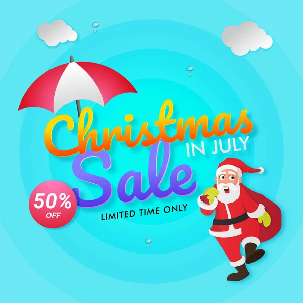 Jul i juli försäljning, affisch, banner eller flyer design med jultomten som håller hans gåva pack. — Stock vektor